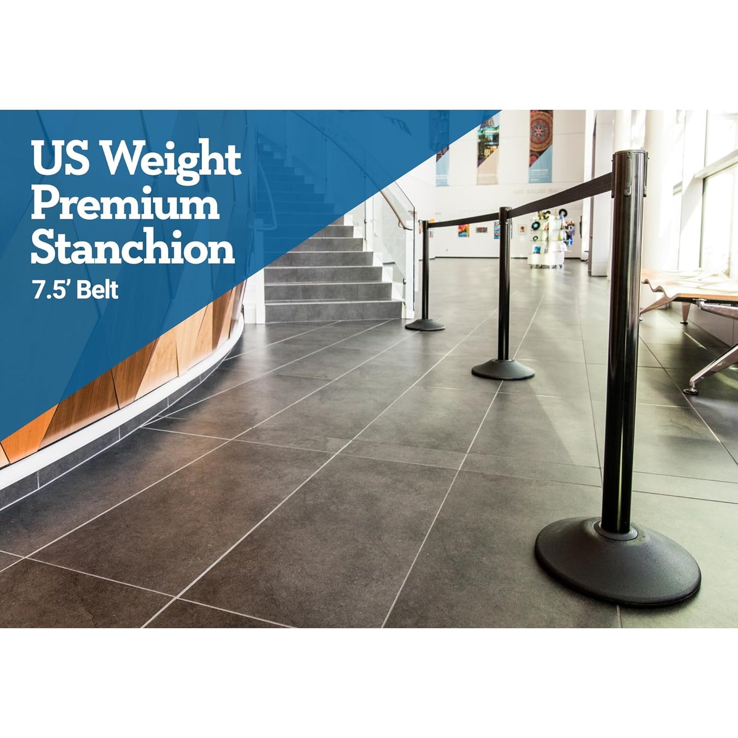 US Weight Black Heavy Duty Premium Steel Stanchion with Black 7.5-Foot Retractable Belt, 2 pack