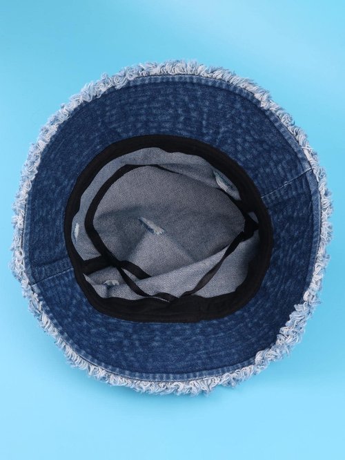 Verdusa Women's Ripped Denim Bucket Hat Raw Hem Sun Hat Outdoor Cap Navy Blue One-Size