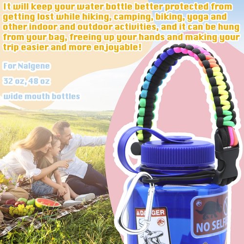 LUTQ 2 Packs Cap Strap for 32oz Wide Mouth Nalgene Bottles - Durable Paracord Strap with Aluminum Alloy Safety Buckle - Handle Compatible with Nalgene - Rainbow