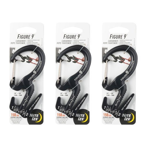 Nite Ize Figure 9 Carabiner Rope Tightener - Heavy-Duty Carabiner Clip - Cord & Rope Tightener with Wire Gate - Carabiner Camping Accessories & Tent Essentials - Large, Black (3 Pack)