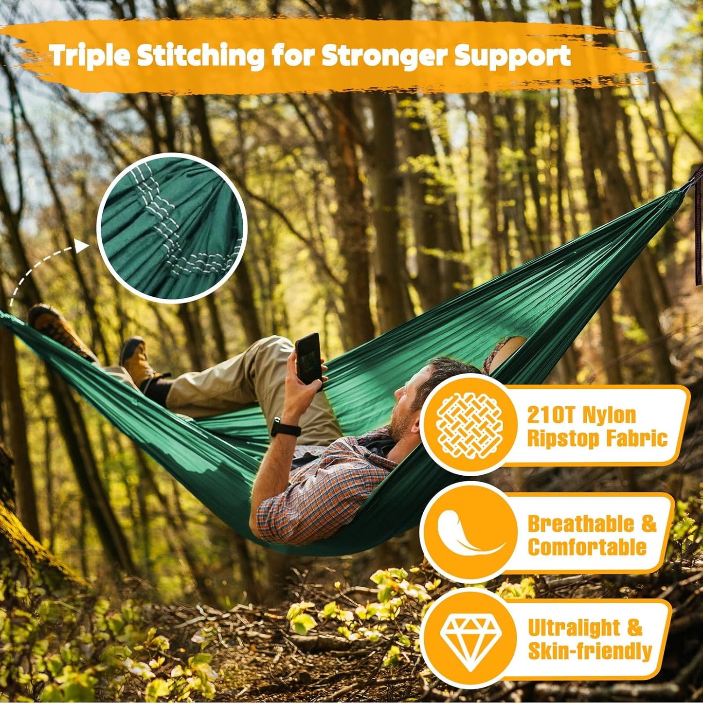 NATUREFUN Ultra-Light Travel Camping Hammock | 300kg Load Capacity,Breathable,Quick-Drying | 2 x Premium Carabiners,2 x Nylon Slings Included | Outdoor Indoor Garden