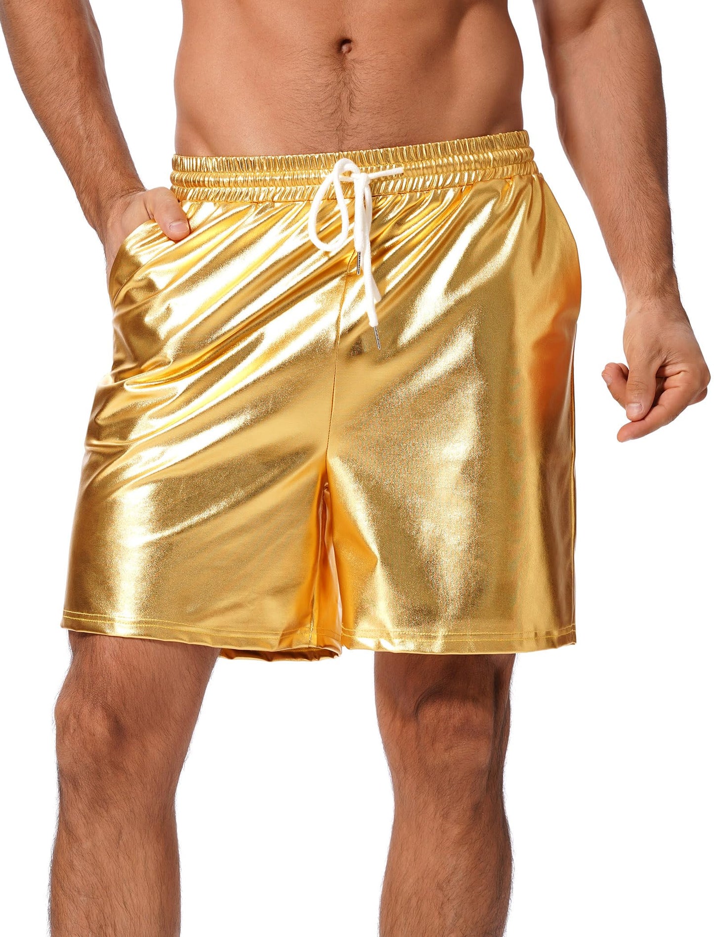 ABAFIP Men's Shiny Metallic Shorts Drawstring Sparkly Dance Hot Pants Disco Rave Party Outfit with Pockets Gold X-Large