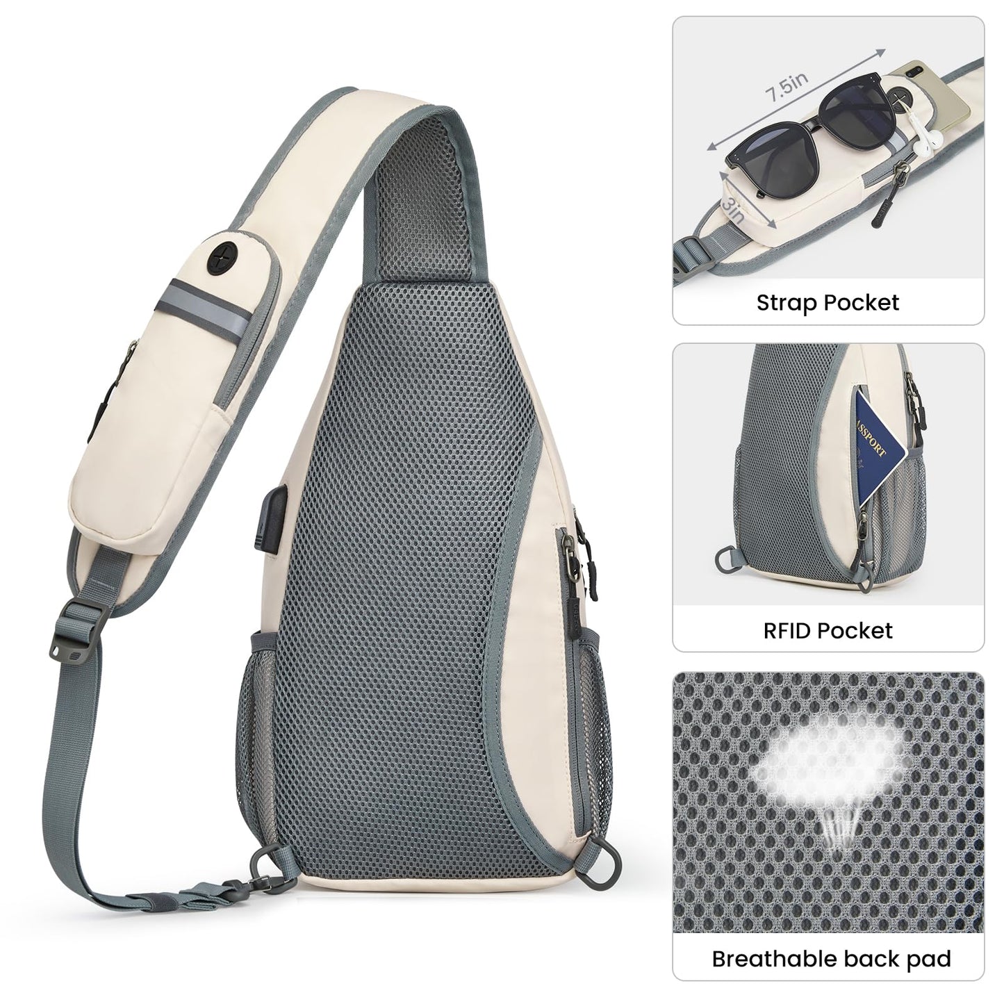 G4Free Sling Bag RFID Crossbody Sling Backpack with USB Charging Port, Travel Hiking Daypack Shoulder Chest Bag for Women Men(Ivory)