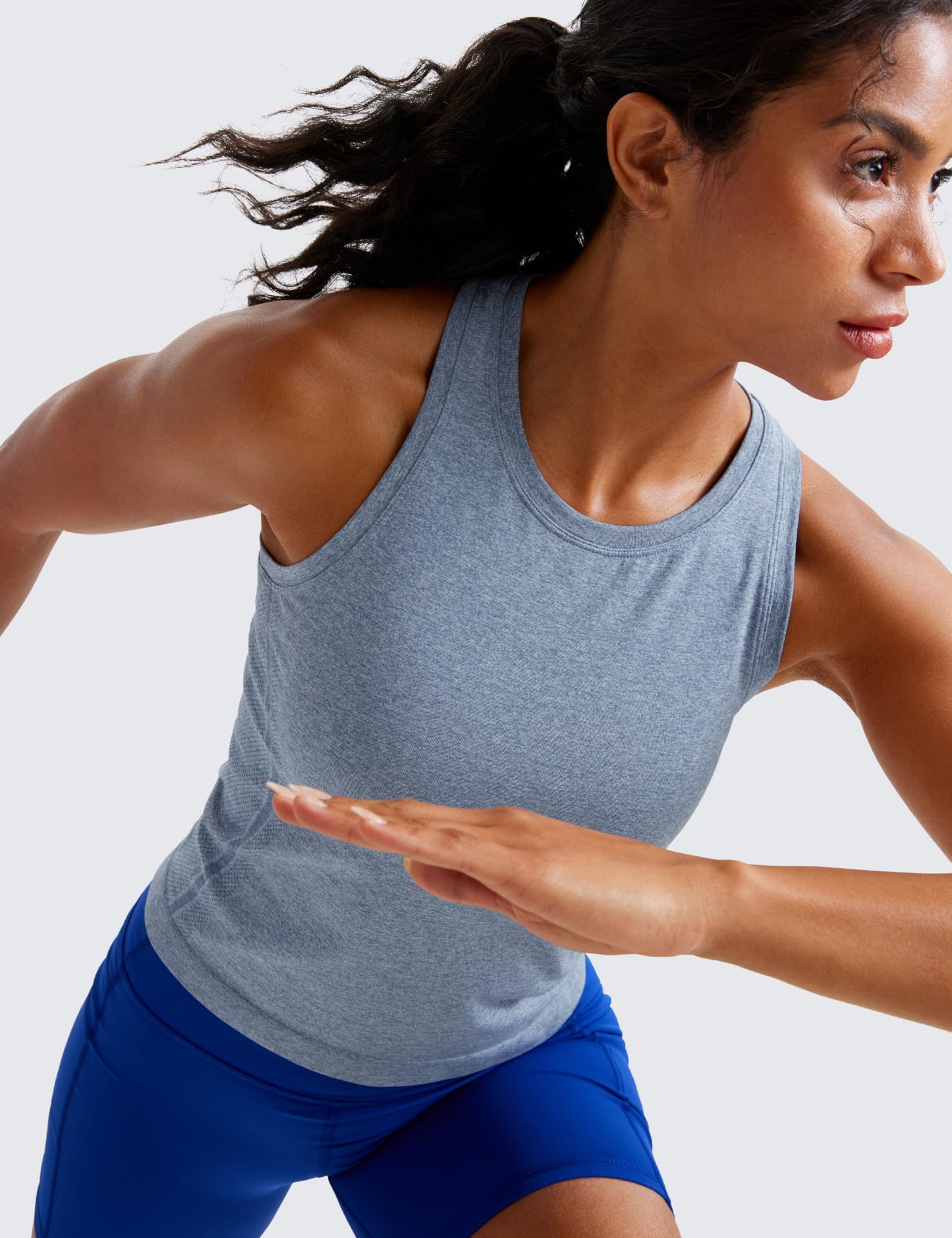 CRZ YOGA Seamless Workout Tank Tops for Women - Athletic Running Gym Sleeveless Shirts Crewneck Racerback Breathable Oasis Blue Heather Large