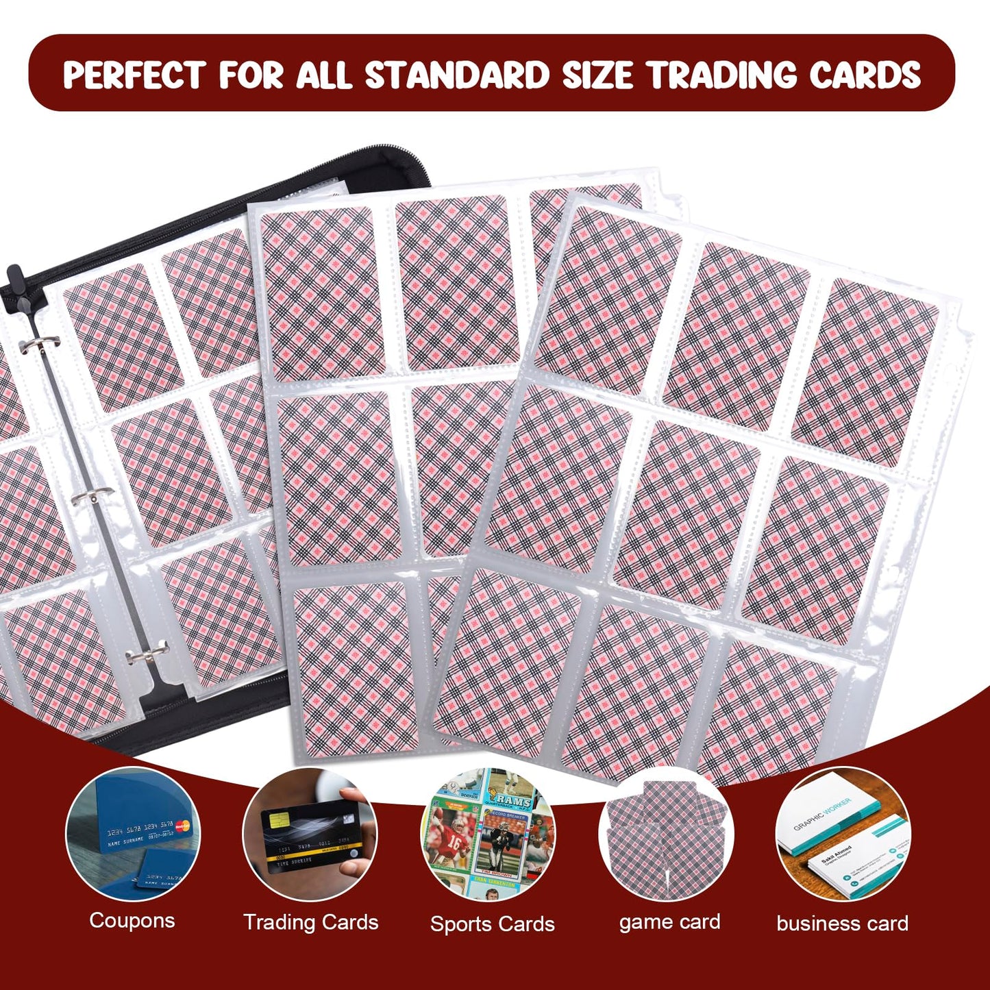 Football Card Binder 900 Pocket, HYMENEX Trading Card Binder 9 Pockets with 50 Removable Sleeves Baseball Card Binder Sports Card Binder with Zipper for Football Card Trading Card Standard Size Card
