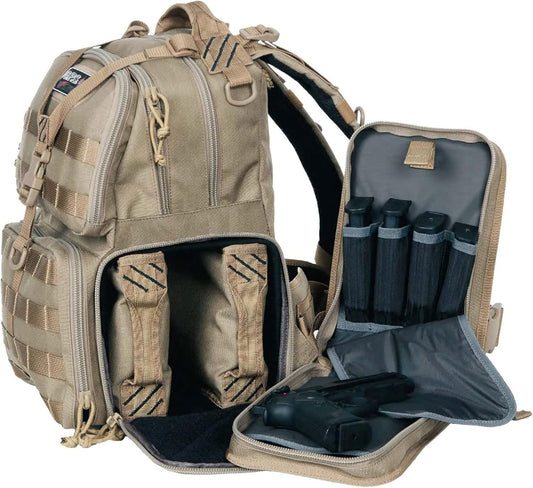 G.P.S. Tactical Range Backpack | Tan | 3 Handguns Capacity | Molle Webbing | Durable Waterproof Stain-Resistant Shooting Tactical Gear