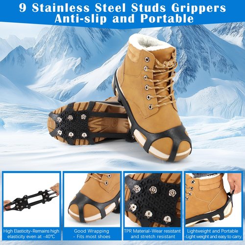 UNITACKLE Ice Cleats for Shoes and Boots, Anti Slip Crampons with 9 Steel Gripper Spike, Portable Ice Snow Traction Cleats Grippers for Snow Ice