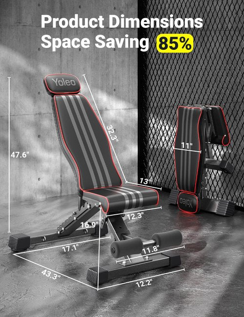 Yoleo Adjustable Weight Bench, 660LB Foldable Workout Bench with Extended Head/Neck Protection/Spine Support for Bench Press, Fast Folding Incline Decline Flat Bench