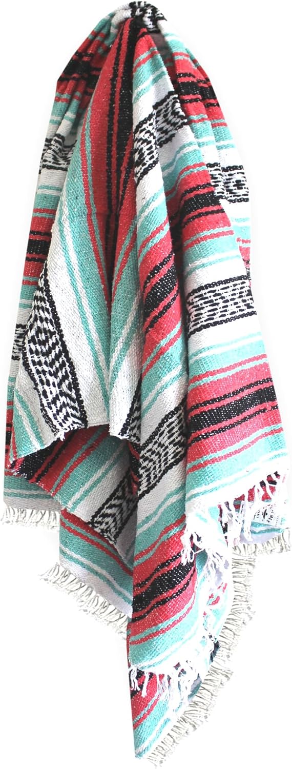 Authentic Del Mex Large Mexican Blanket - Woven Falsa Throw (70"x50") for Beach, Yoga & Outdoor Decor - Pink/Tan