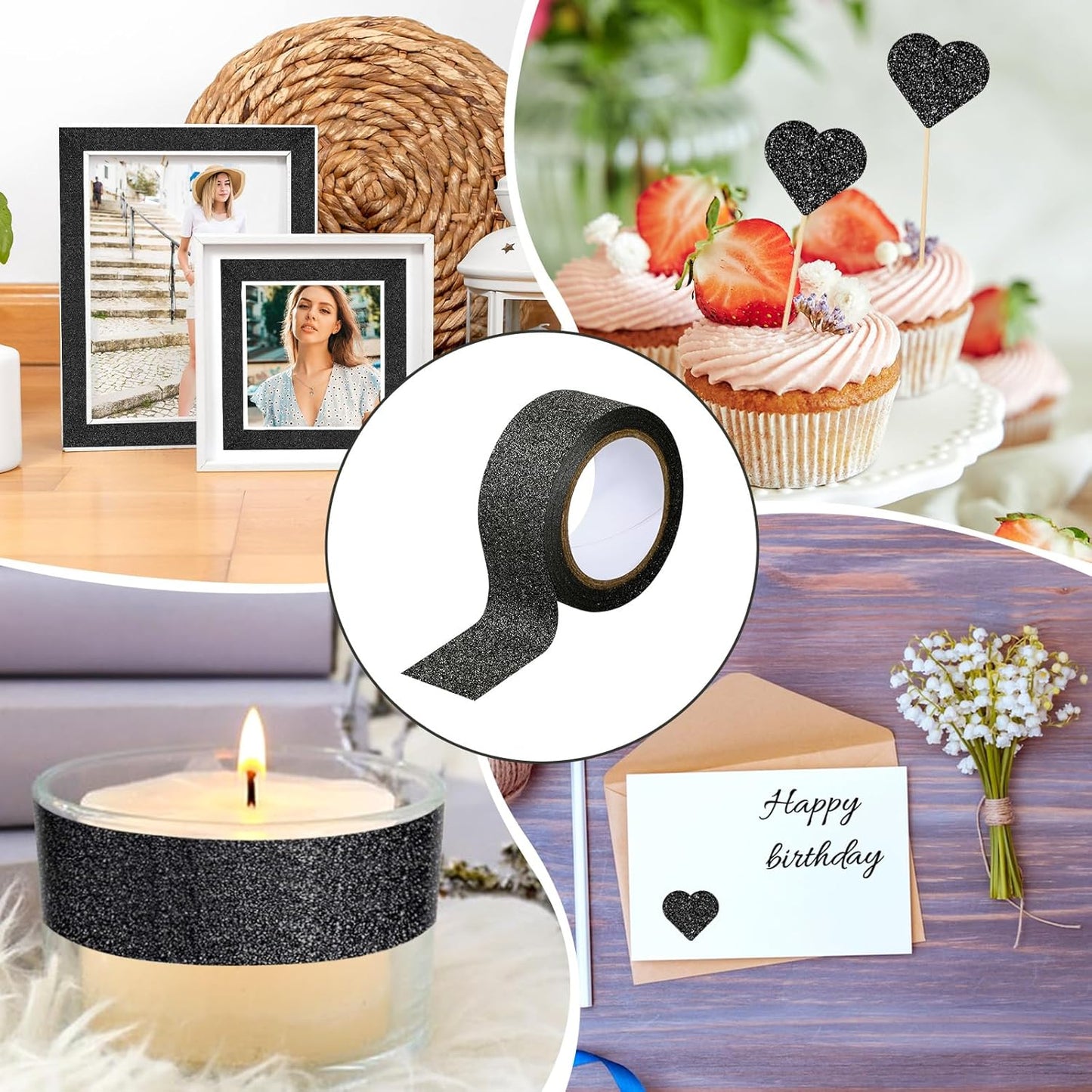 8 Rolls Black glitter washi tape, black washi tape Crafting Glitter Border Masking Tapes Painters Adhesive Tapes for Assisting and Decorating Paintings, Holiday Gift Boxes, Scrapbooks Crafts, 0.6 Inch