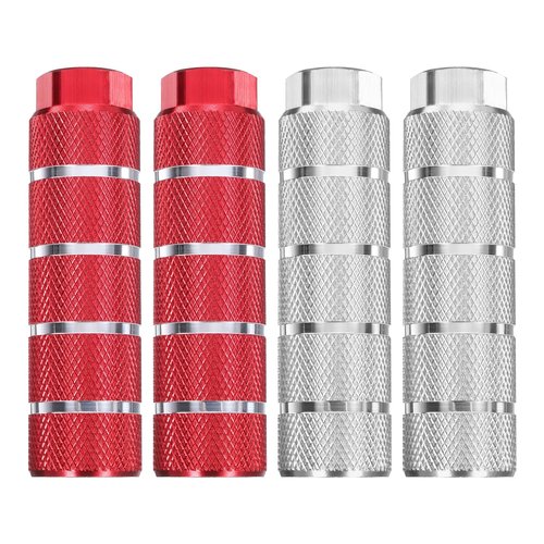 HARFINGTON 2 Pairs Bike Pegs Aluminum Alloy Rear Stunt Pegs Anti-Skid Stripe Back Seat Stands Fit 3/8" Axles for Mountain Bike, Red & Silver