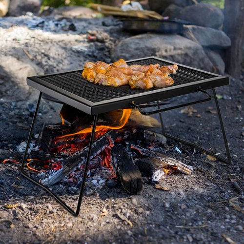 Elsjoy Folding Campfire Grill Grate with Carrying Handle, Portable Camping Grill Over Fire Mesh Grate, Heavy Duty Steel Grate for Outdoor Cooking, Picnic, BBQ