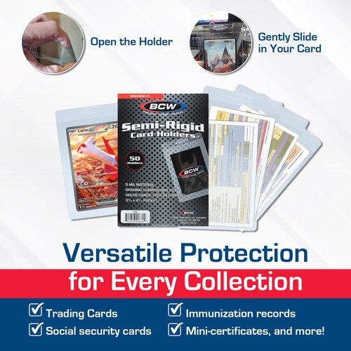 BCW Semi Rigid Card Holder #1 | 50 Pack | Semi Rigid Card Sleeves for Grading | PSA Submission Card Savers I for Sports, Pokémon, and Memorabilia Cards