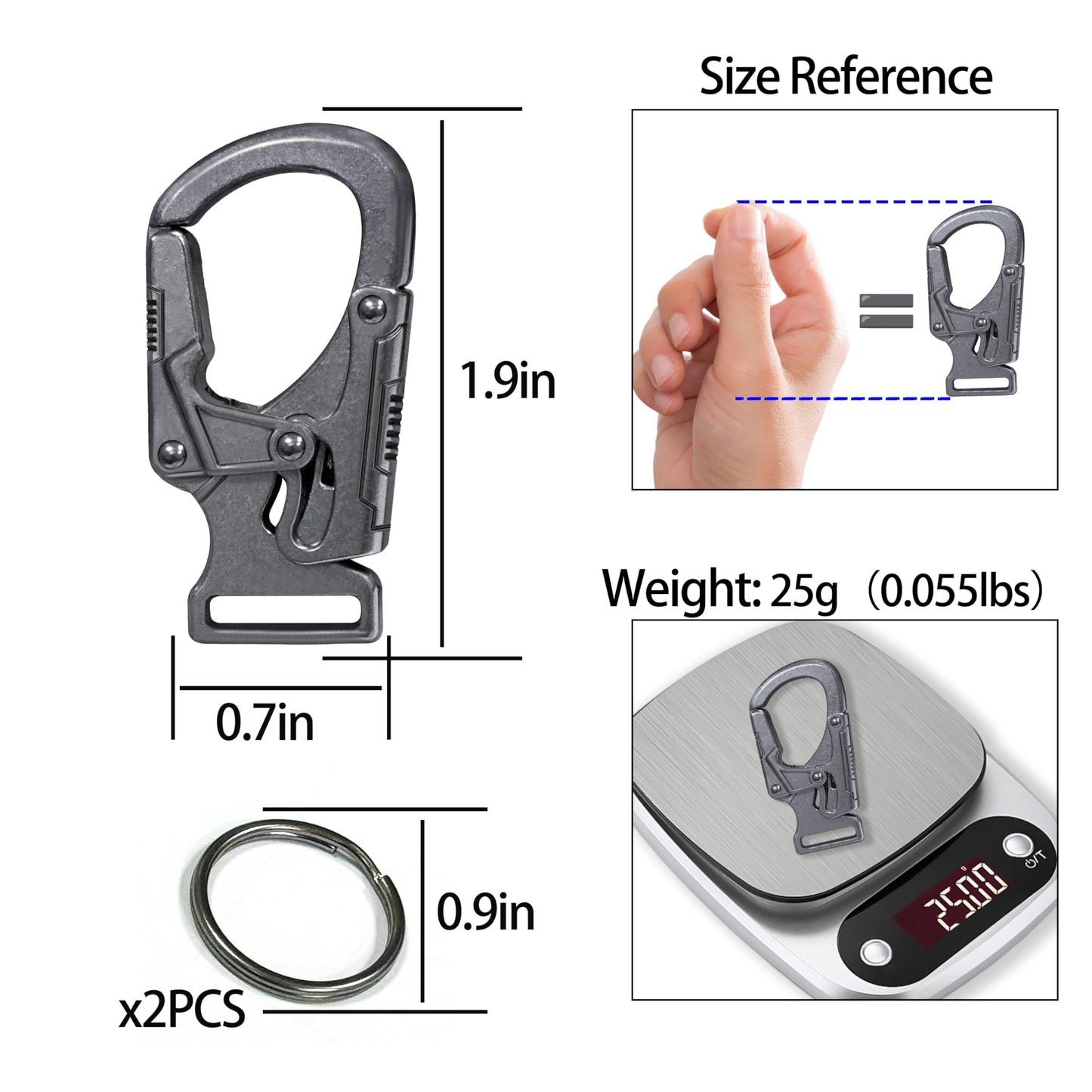 Ahiller Carabiner Clip,1.9'' Alloy Car Keychain Clip with 2 Key Ring,Outdoor Hooks,Small Key Holder for Man and Women（Gunmetal-1P）