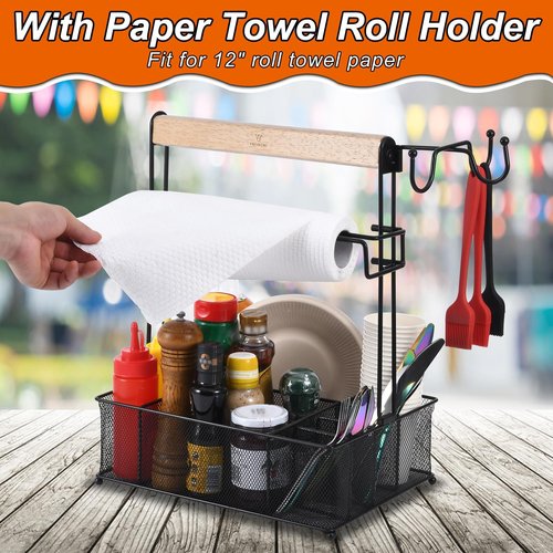 VIKEYHOME Grill Caddy, Picnic BBQ Organizer for Camping Outdoor Mesh Basket with 3 Hanging Hooks and Paper Towel Holder, Ideal Table Storage Tools for RV Camper/Tailgating/Flatware