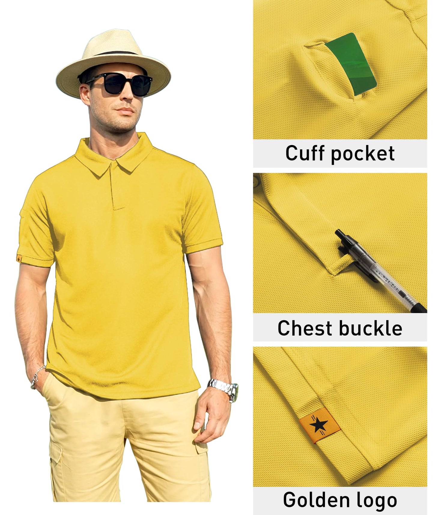 ZITY Mens Polo Shirt Short Sleeve Sports Tactical T-Shirt Athletic Golf Polos Daily Casual Stylish Collared Shirts for Men Pale Yellow 4X-Large