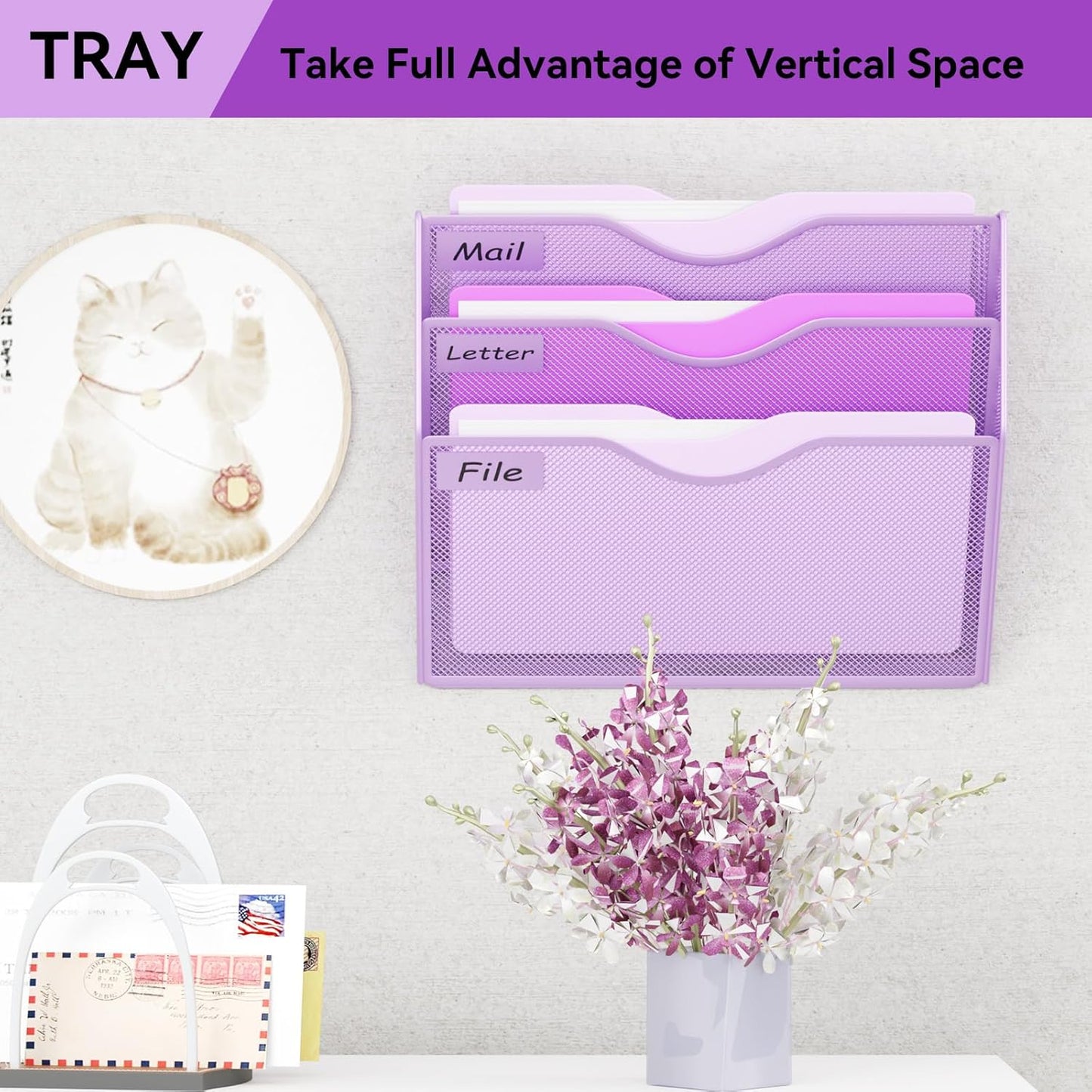 5 Pockets Mesh Hanging Wall File Holder Organizer Wall Mounted Paper Magazine Rack, Black