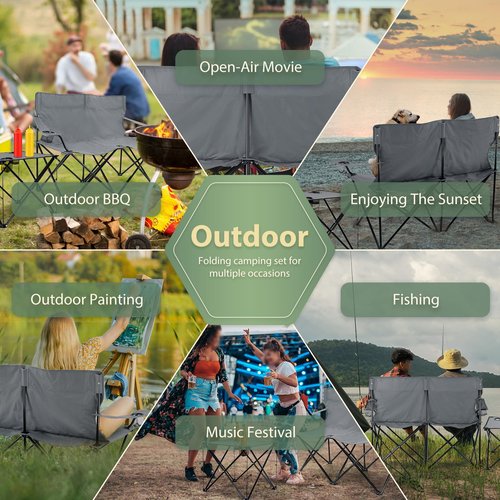 HaSteeL loveseat Camping Chair, Grey Double-Seat Beach Chair with Armrests, Grey Square Fold Up Lightweight Table for Backyard BBQ Fishing Indoor, Portable Chair & Table with Cup Holder, Oxford Fabric