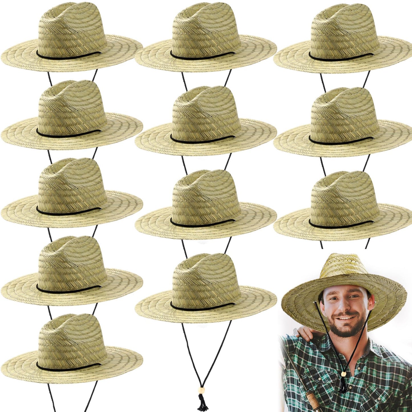 Funtery 12 Pack Straw Hat for Men Summer Large Brim Farmer Beach Sun Protection Straw Hat with Lanyard(Beige)