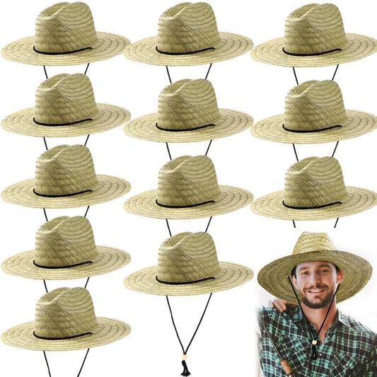 Funtery 12 Pack Straw Hat for Men Summer Large Brim Farmer Beach Sun Protection Straw Hat with Lanyard(Beige)