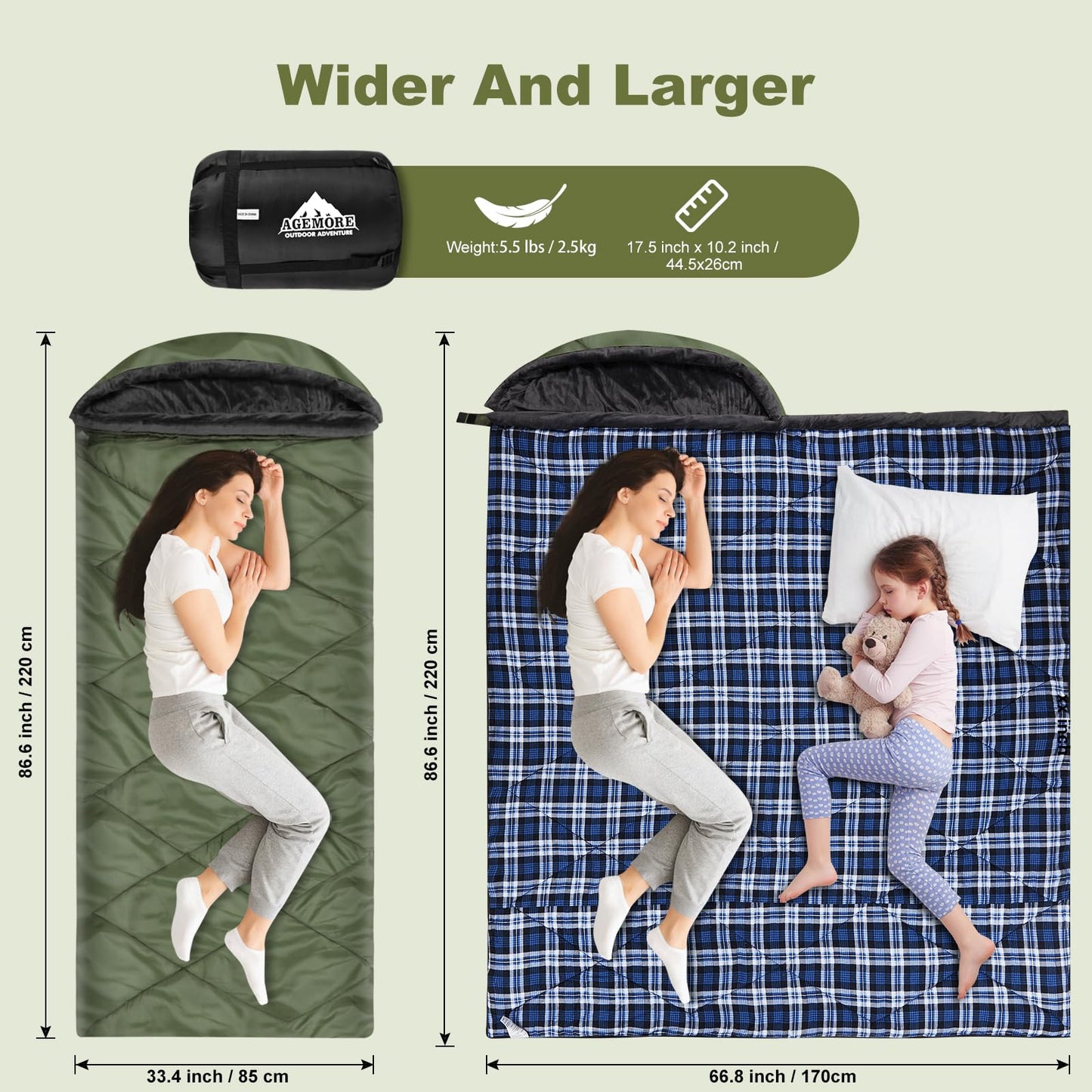 AGEMORE Cotton Flannel Sleeping Bag with Fleece Lined Hood, Waterproof XL Sleeping Bag for Adults, for Cold Weather Camping Backpacking or Hiking, 3-4season with Compression Sack