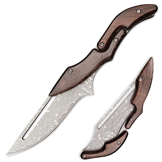 HUAAO Damascus Folding Knife, Yellow Sandalwood Handle with Mechanical Lock, Tactical Pocket Knife for Outdoor Camping Survival Hunting Self Defense Multitool