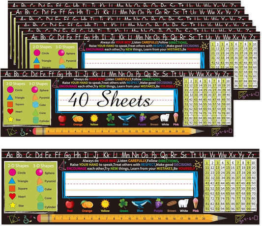 Desk Nameplates,40pcs Name Tags for Classroom,Waterproof Multipurpose Manuscript Students Name Plates for desks Classroom with Multiplication,Fractions and Percentages Table(Black Style)