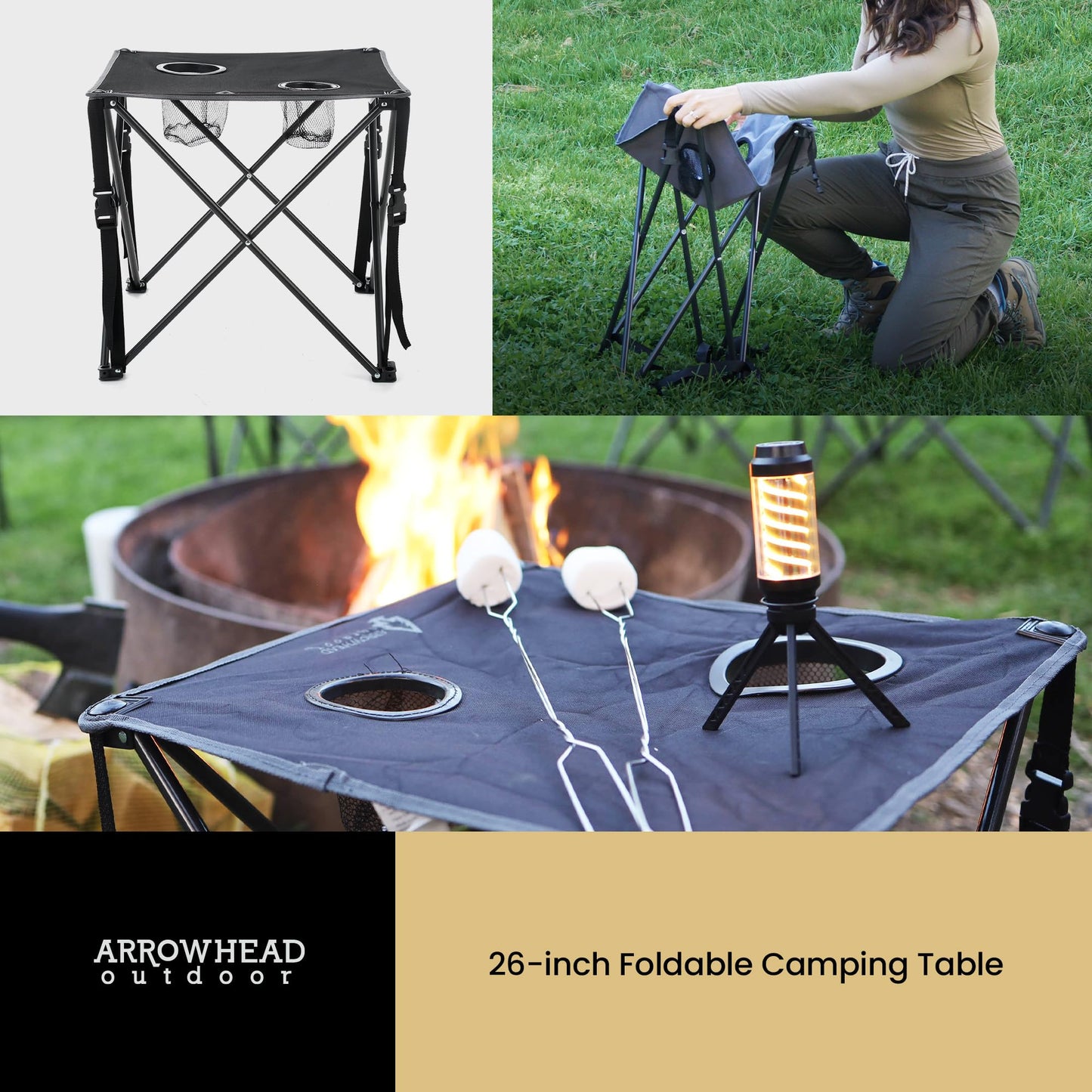 ARROWHEAD OUTDOOR 26” (66cm) Portable Camping Folding Table, 2 Cup Holders, Square, Carrying Case, Steel Frame, High-Grade 600D Canvas