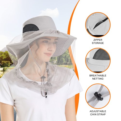 Mosquito Net Hat - Safari Sun Visor Hat with Removable Bug Net for Outdoor Men and Women Light Grey