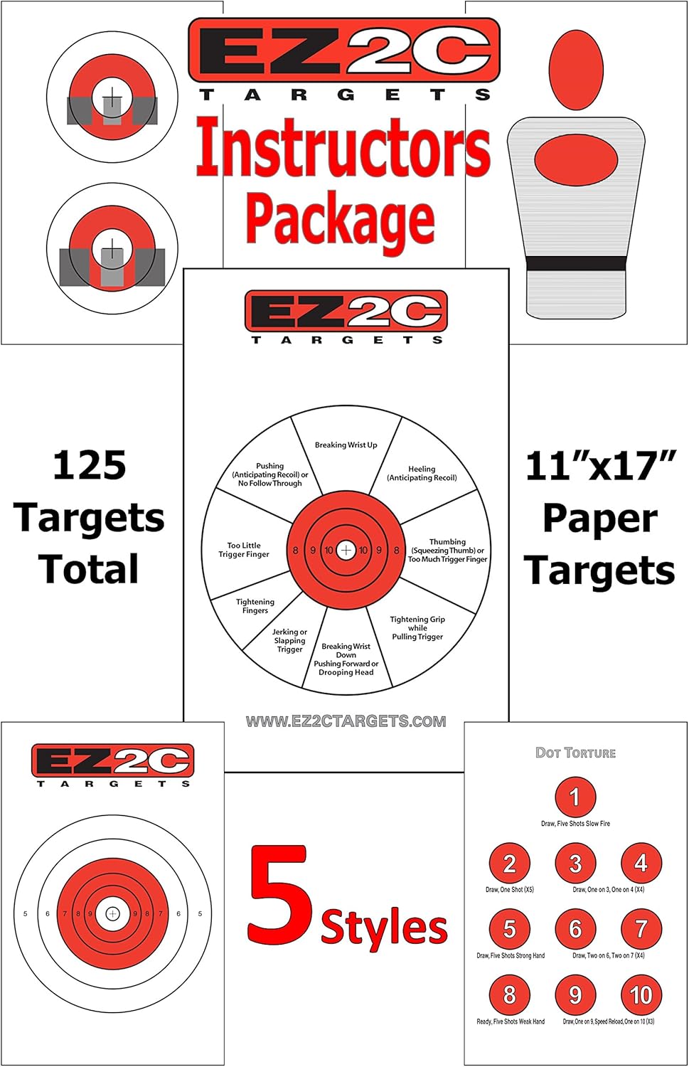 5 Style Gun and Rifle Paper Targets Bundle Pack for Shooting by EZ2C ~ Highly Visible and Bright Game Target ~ for Gun Range or Outdoor Use ~ 11" x 17"