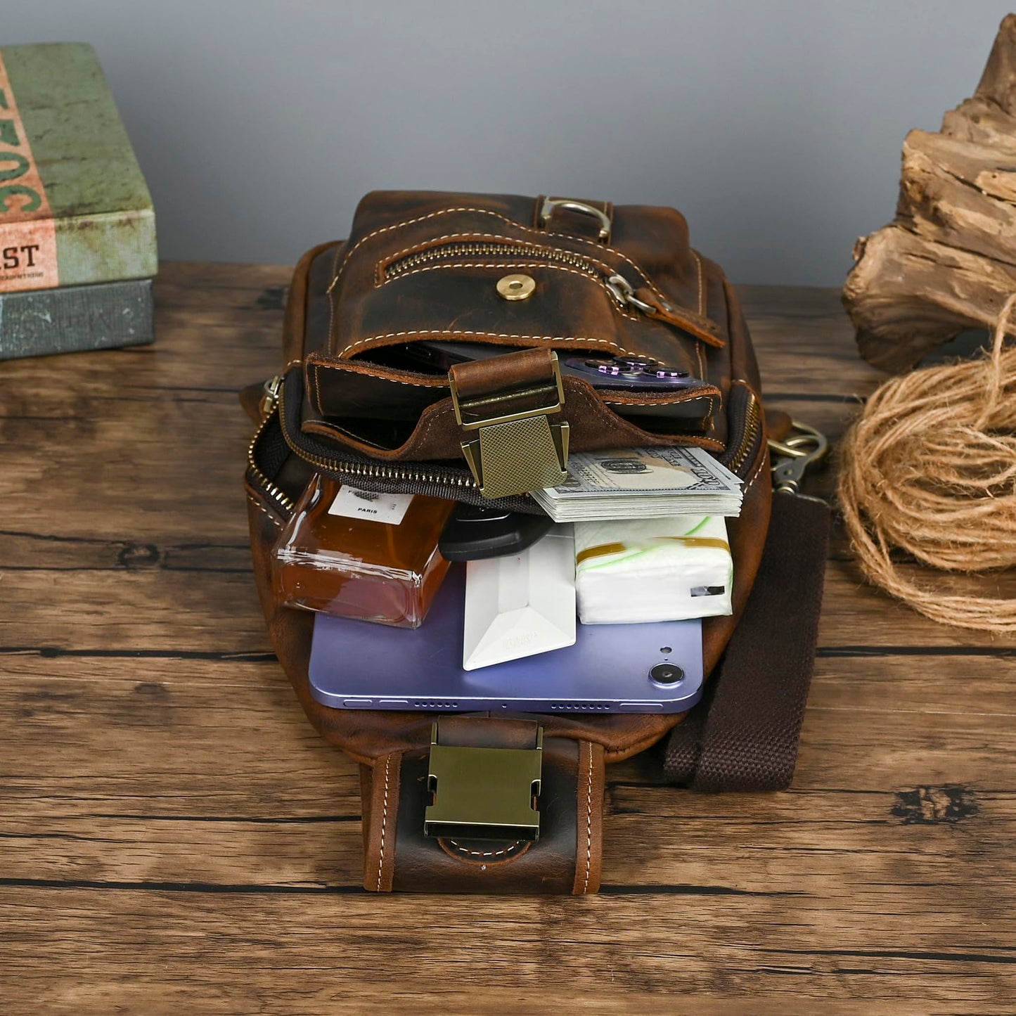 Handadsume Water Resistant Canvas + Leather Hiking Travel DayPack Sling Crossbody Triangle Chest Pack Bag For Men Women FB8013 (100% Genuine Leather-8015 Brown)