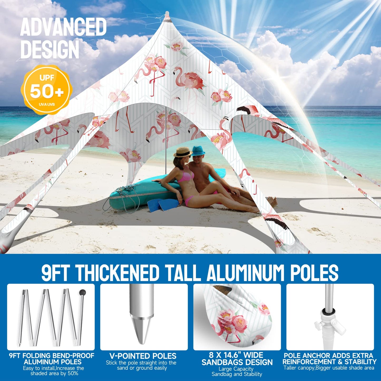 Watato Beach Tent Canopy Pop Up Shade Sun Shelter 10x10ft Portable Family Sunshade UPF50+ with 8 Sandbags-2 Sand Shovel-Easy Foldable Pole-Pole Anchor-Ground Pegs-Carrying Bag for Outdoor Camping