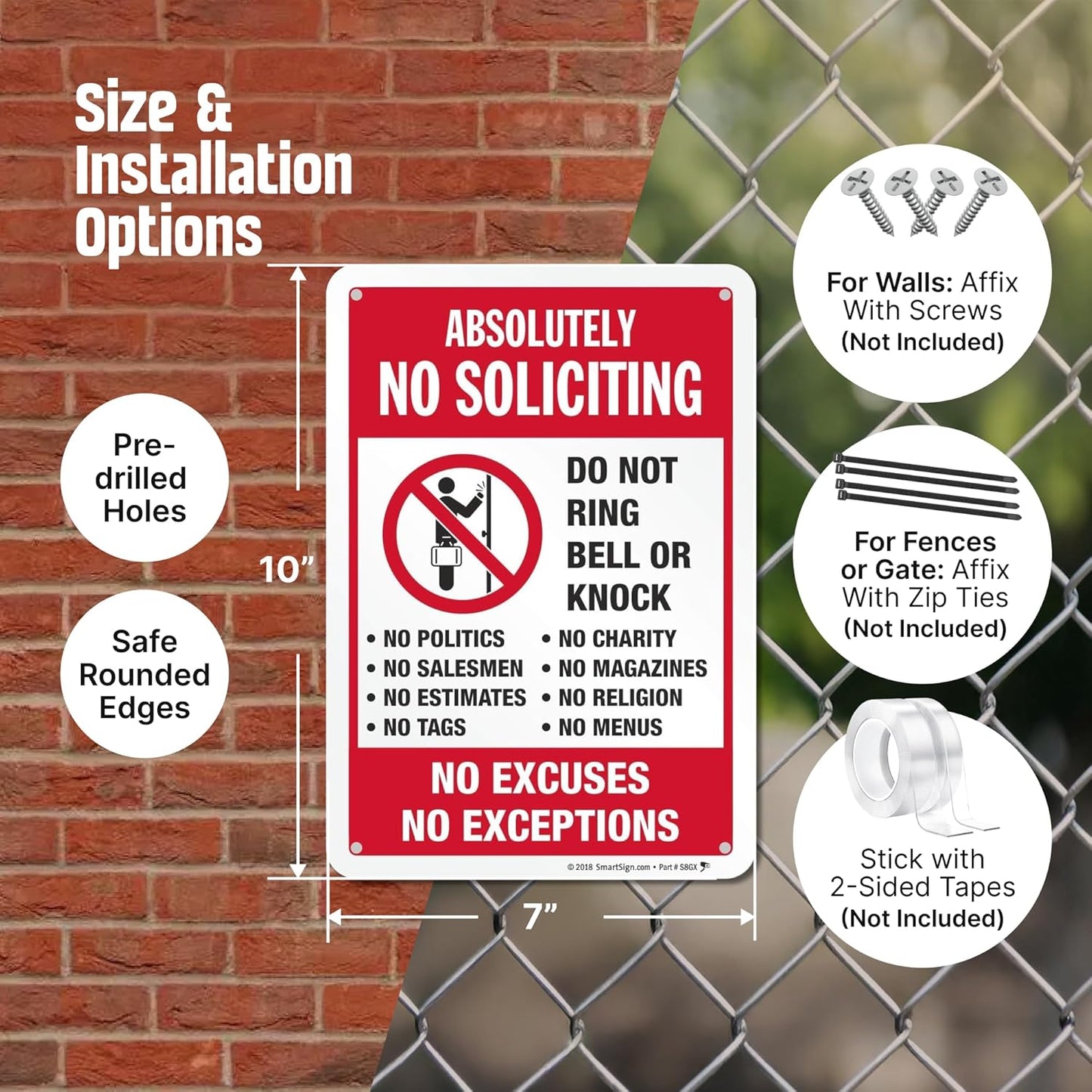 SmartSign 10" x 7" 'Absolutely No Soliciting Do Not Ring Bell No Excuses No Exceptions' Metal Sign, 40 mil Aluminum 3M Laminated Engineer Grade Reflective Material, Red/Black/White, USA-Made