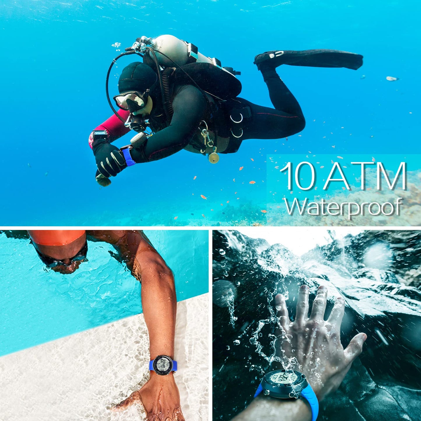 ILAME 10 ATM Water Resistant Sports Watch for Swimming and Diving, with Functions of Stopwatch, Countdown, Dual Time, Alarm Clock, 12 and 24 Hour Format Switchable