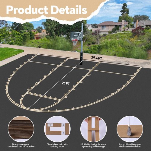 Reusable Basketball Court Marking Kit Foldable Design Basketball Court Stencil Kit for Concrete, Asphalt, Tiles, Driveway or Backyard - No Paint Included