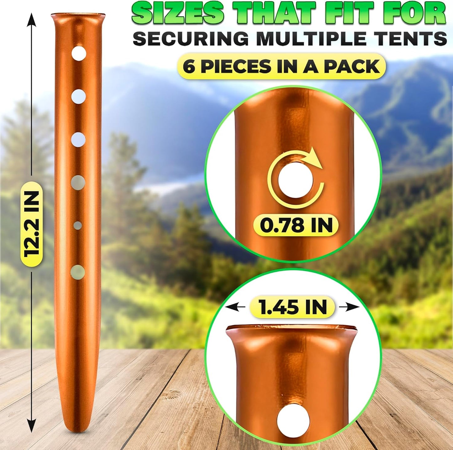 6 Pack Sand Stakes for Beach - 12.6" Lightweight Aluminum Tent Stakes for Sand, Snow & Soft Ground, Vibrant Color and Wind-Resistant, Durable and Easy to Install, Rust Resistant U-Shaped Anchors