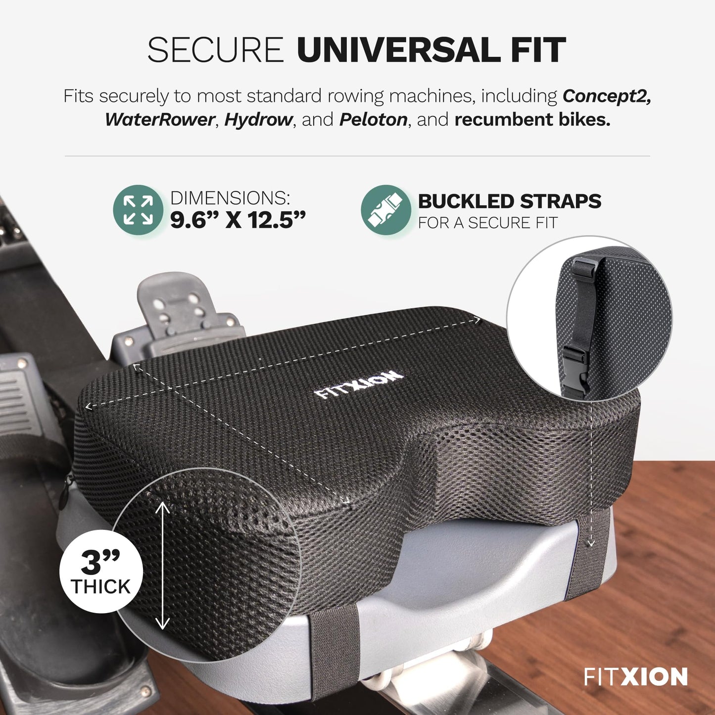 FitXion Rowing Machine Seat Cushion – Ergonomic Tail Bone Comfort Memory Foam Pad for Concept 2, Water Rower, Peloton or Recumbent Bike. Anti-Slip Base, Buckled Straps for Indoor Rowing Workouts