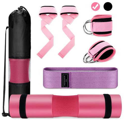 Turakun Gym Barbell Pad Set: Hip Thrusts Pad for Squats Ankle Strap for Cable Machine Hip Resistance Band Weight Lifting Strap and Carry Bag Gym Equipment Accessories, Pink