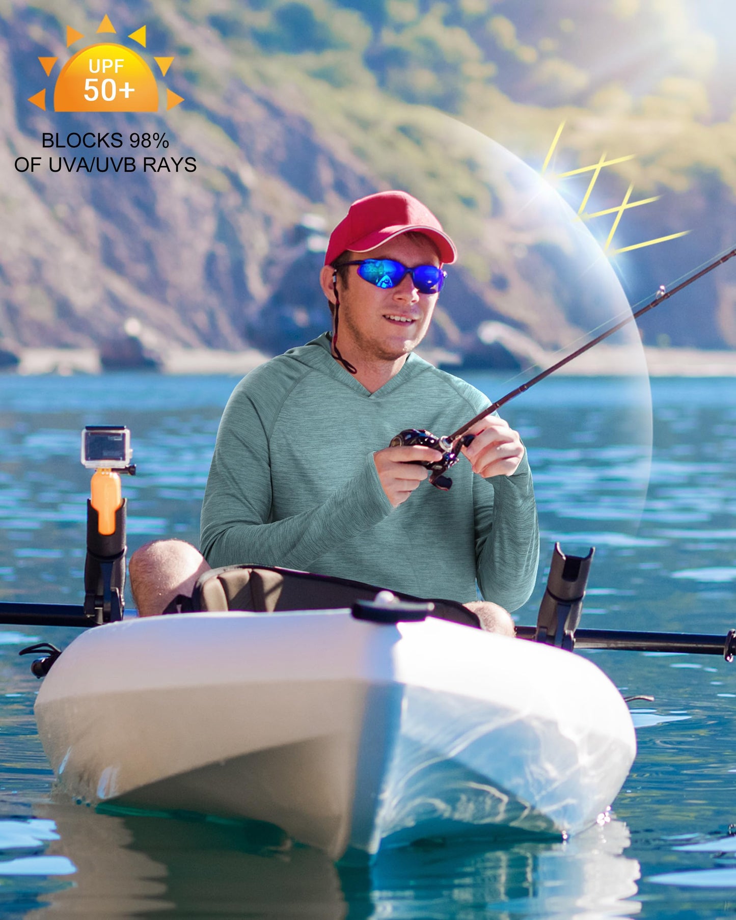 Roadbox Mens UPF 50+ Sun Hoodie, Long Sleeve UV Protection Lightweight Athletic Rash Guard Shirt for Outdoor Fishing Hiking Grey Green