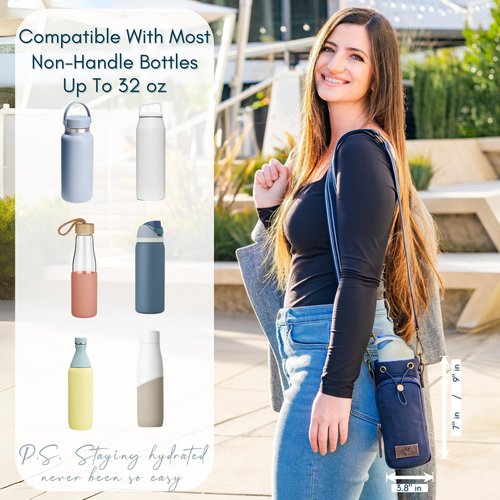 SOLLY AND RUE Water Bottle Holder With Wide Strap and Pocket | Insulated | Genuine Leather | Durable Cotton Canvas | Water Bottle Purse For Women | Walking Travel Daily Use | 16 to 32 oz