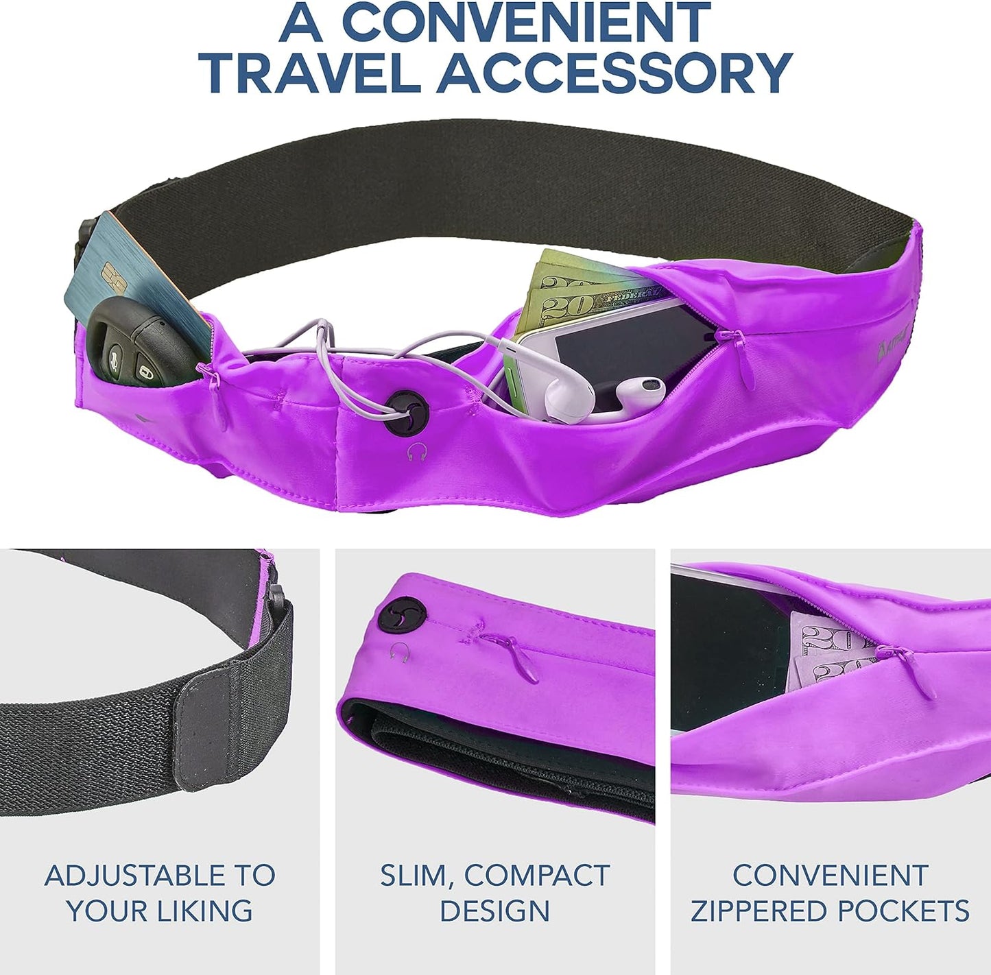 Athlé Running Belt for Exercise and Travel - Two Stretch Pockets Fit Most Phones, Wallet, Cards and More - Key Clip, Earphone Jack, Adjustable Waist Strap
