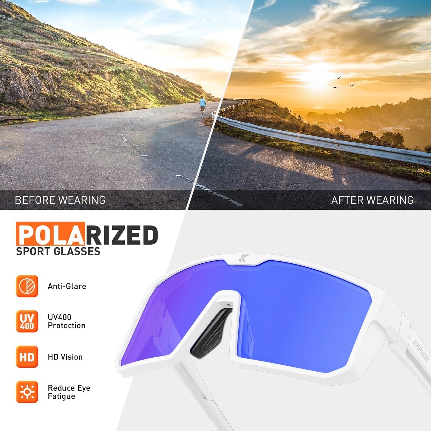 KAPVOE Polarized Cycling Glasses Sports Sunglasses for Men Women, UV400 Protection MTB Bicycle Baseball Mountain Bike K232
