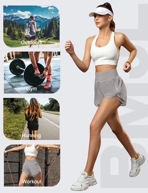 BMJL Women's Athletic Shorts High Waisted Workout Shorts Pocket Running Shorts Gym Elastic Sport Shorts (Grey, XL)