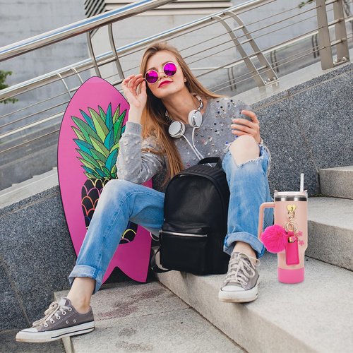 Water Bottle Boots Cover Mini Hooks Lipstick Sleeve Pouch Pom Daisy Charm Keychain Compatible with Stanley Tumbler, Siliocne Water Bottle Boots for Stanley Tumbler Cup 40oz.(Hot Pink)