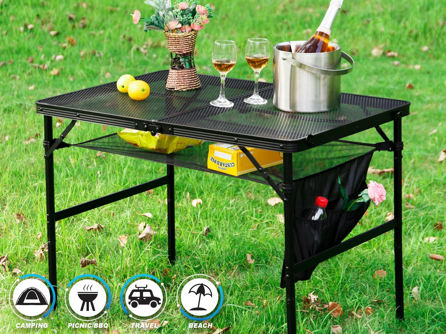 SKIKEN Folding Metal Camping Table with Mesh Layer, Portable & Lightweight Grill Table for Outdoor, 2 Adjustable Heights, Metal Mesh Tabletop for Camping Cooking, Medium Size (2.95 FT, Black)