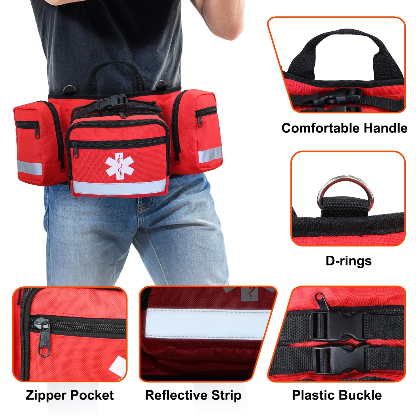 Professional First Aid Waist Pack,Medical Trauma Bag with Reflective,Portable First Aid Fanny Pack for Emergency at Home and Work,Outdoors,Hiking(Red)