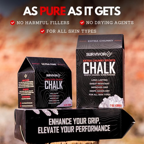 SURVIVOR Gym Chalk - Climbing Chalk, Lifting Chalk, Gymnastics Chalk - Pure Magnesium Carbonate Hand Chalk Powder, Weightlifting Chalk Gym - Rock Climbing Chalk for Weights (Ultra Fine, 3.5 OZ.)