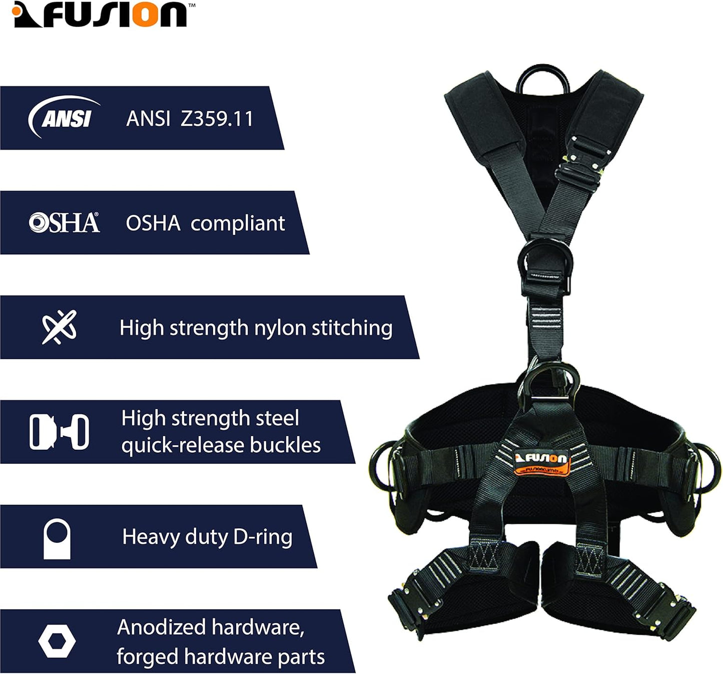 Fusion Climb Tac-Rescue, Construction Harness - Full body harness with 3D EVA Foam Padding, 6 D-Ring Points, and Quick-Release Steel Buckle Safety harness OSHA & ANSI Compliant for Tree Work Rock Cl