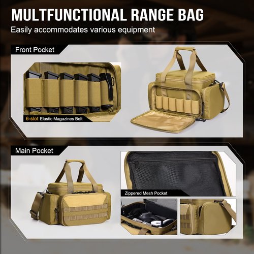 ONETIGRIS Gun Range Bag, Hunting Shooting Range Bags for Handgun with 3 Removable Dividers 6 Elastic Mag Strap, Duffle Bag for Shooting, Fishing, Hiking, Outdoor, Sports