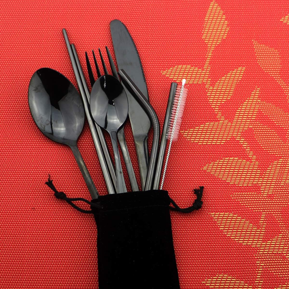 8 Pieces Stainless Steel Mirror Poblished Flatware Set Reusable Cutlery Set Travel Utensils Set with Straws for Camping Office or School Lunch,Dishwasher Safe (Rose Gold)